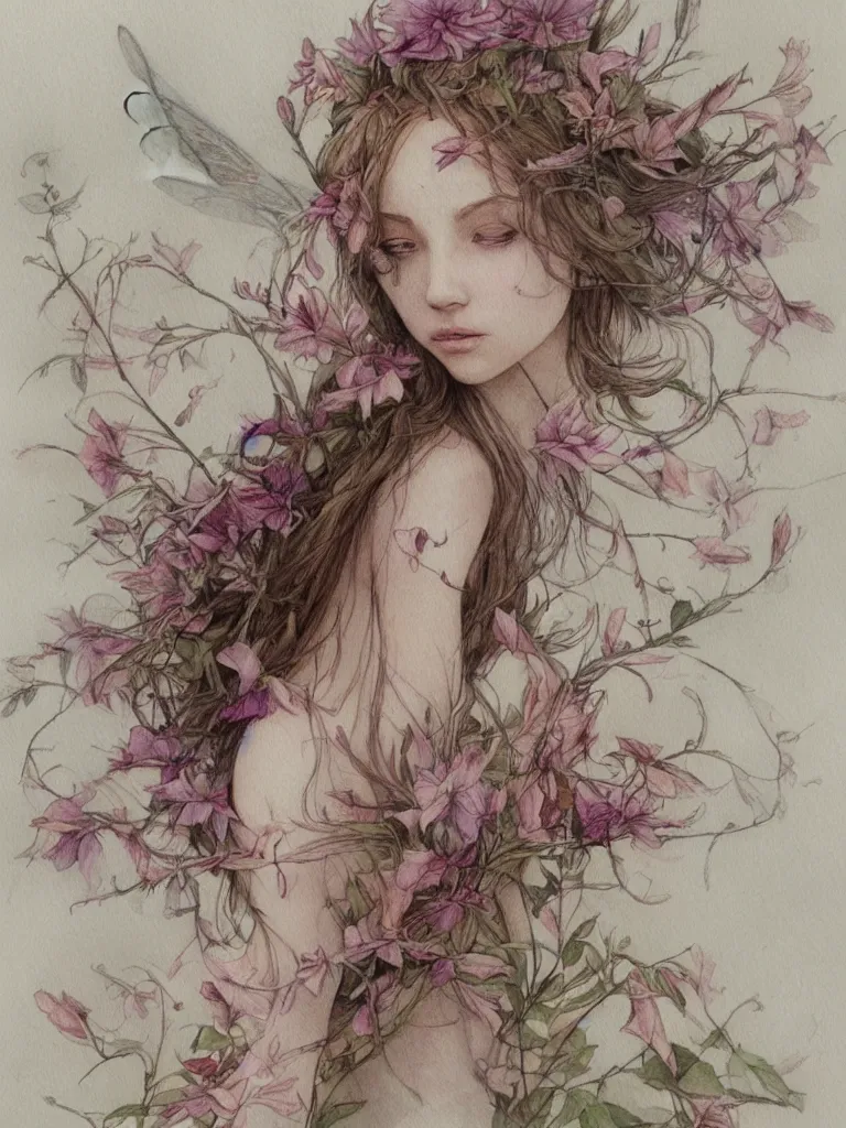 Image similar to study of a flower fairy, illustration, watercolor, alan lee, detailed, pretty, ethereal, realistic, artstation,