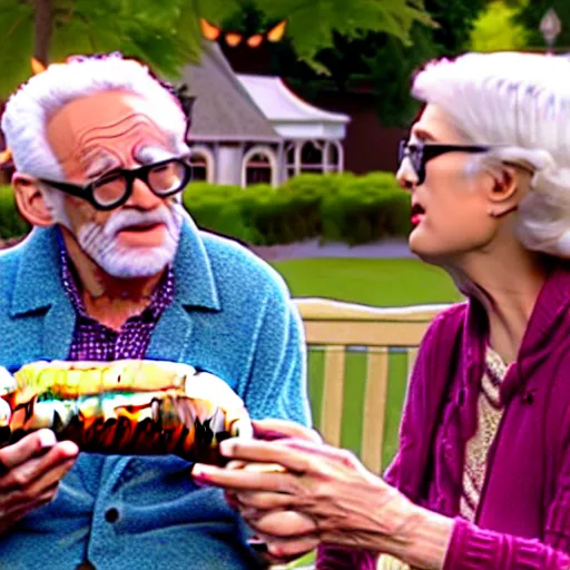 Image similar to a movie still from the antiques roadshow, old people discussing a priceless hot dog, uhd, 8k,