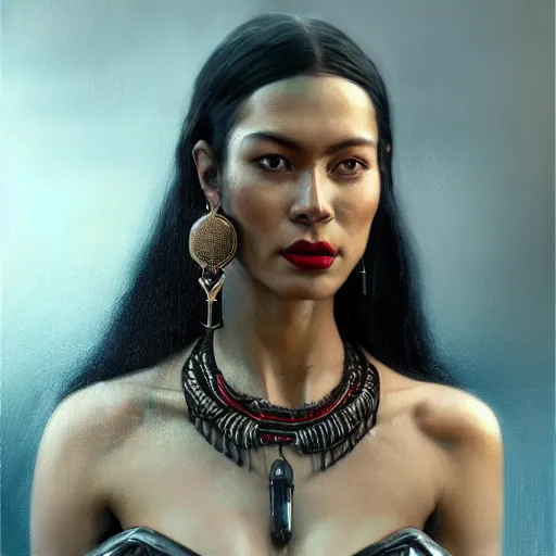 Image similar to detailed oil portrait of tall muscular shining bronze - skinned warrior woman with silver eyes, with long wavy flowing black hair and big gold earrings, jewelry, red lipstick, makeup, feminine, volumetric lighting, dynamic composition, art by sachin teng and sergey kolesov and ruan jia and heng z, scifi, concept art