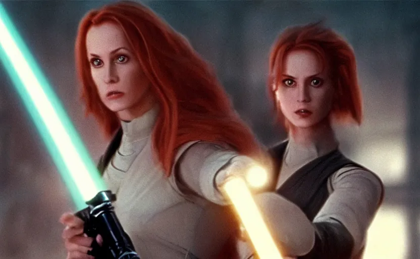 Prompt: screenshot of Jedi Mara Jade, played by Julian Moore, holding a blue lightsaber in right hand, iconic scene from 1980s film by Stanley Kubrick, 4k, windy hair, cinematic still frame, surreal sci fi set design, photoreal, detailed face, moody storm lighting, stunning cinematography, hyper detailed, sharp, anamorphic lenses, kodak color film stock