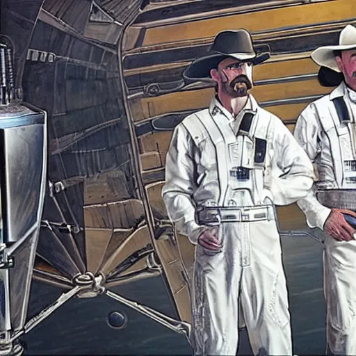 Prompt: wyatt earp and doc holliday, standing on the deck of a spacecraft inspired by the movie interstellar, high detail, high fidelity