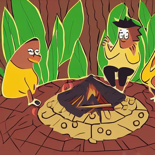 Image similar to anthropomorphic prunes sit around a campfire having a discussion on the taste of pineapples, digital art