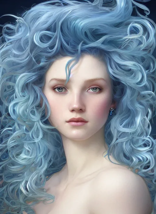 Image similar to ultra realistic digital painting of a mermaid, pale blue skin, azure curly hair, innocent expression, intricate, elegant, concept art, smooth, sharp focus, art by artgerm and greg rutkowski and alphonse mucha