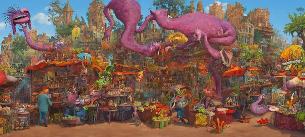 Prompt: a beautiful painting of an aaahh!!! real monsters merchant in a surreal outdoor bazaar by james gurney | unreal engine :. 5