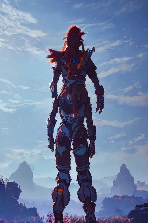 Image similar to combination suit armor aloy horizon forbidden west horizon zero dawn radiating a glowing aura global illumination ray tracing hdr fanart arstation by ian pesty and alena aenami artworks in 4 k tribal robot ninja mask helmet backpack