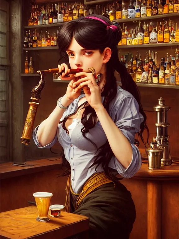 Prompt: full body picture of a girl with tobacco pipe in the bar rounge, bored, beautiful and aesthetic, intricate, unreal engine, messy hair, highly detailed, detailed face, smooth, sharp focus, chiaroscuro, manga illustration, artgerm, greg rutkowski, ilya kuvshinov, rossdraws, alphonse mucha, young adult light novel cover art