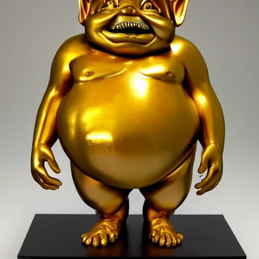 Prompt: a happy cute fat Lucky Golden Goblin statue,fat lucky god, bright art masterpiece artstation. hyper details, golden smooth material, sculpted by Alex Alice, Craig Mullins, yoji shinkawa, trending on artstation, beautifully lit, Peter mohrbacher, hyper detailed, insane details, intricate, elite, elegant, luxury, glittering light, CGsociety, hypermaximalist, golden ratio, treasure background, volumetric, octane render, weta digital, micro details, 3d sculpture