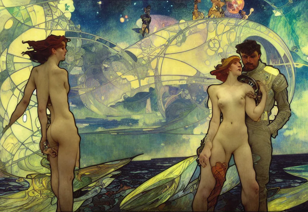 Prompt: spaceship war in the ocean planet, solarpunk style,, by egon shiele and alphonse mucha, with influence of jeremy mann, peter lindbergh, dave mckean, maurice sapiro, and frank moth, soft lightning, highly detailed, 8 k