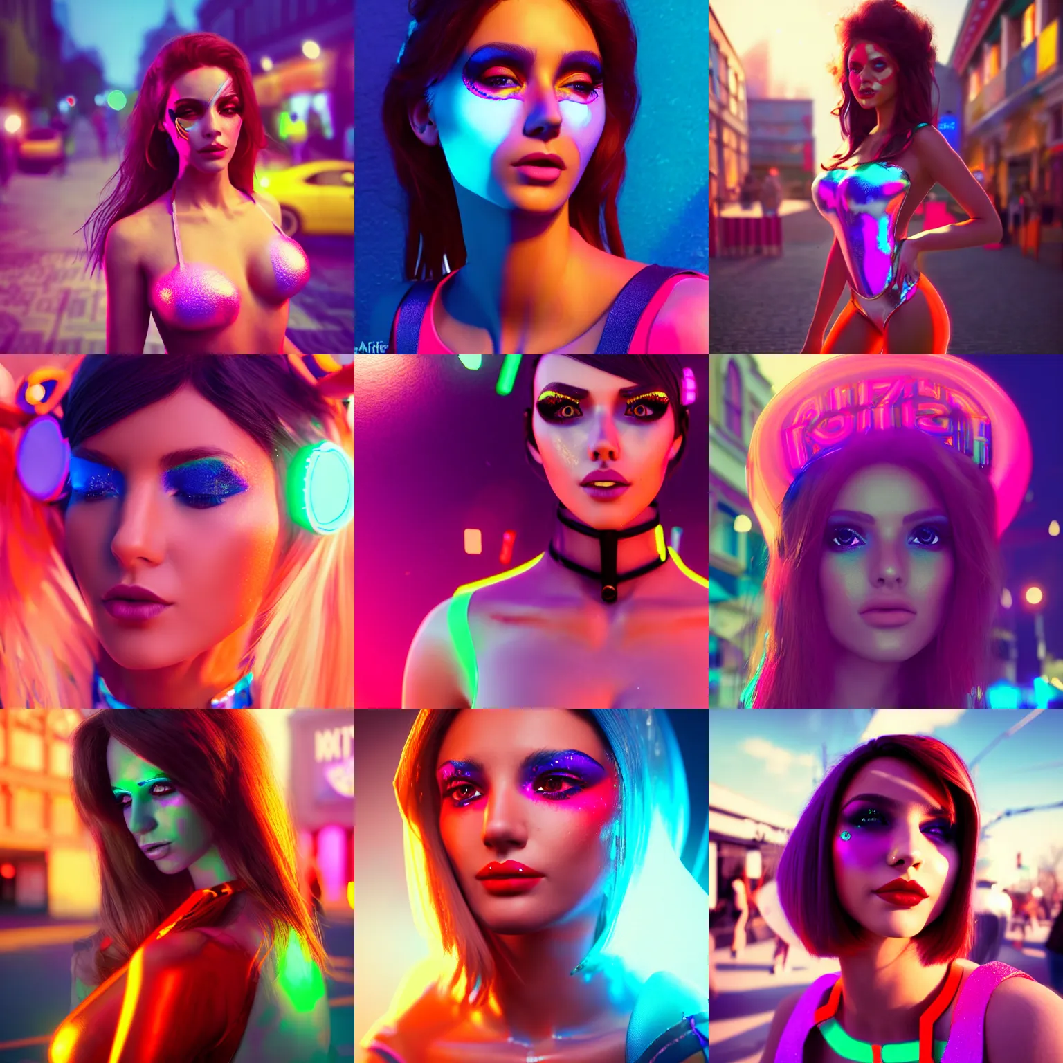 Prompt: portrait of gorgeous brunette russian college woman in a rave outfit on a busy downtown sidewalk, bright colorful makeup | polished rich fine enticing | artstation / octane render / sci - fi fantasy | artgerm / mucha / beeple