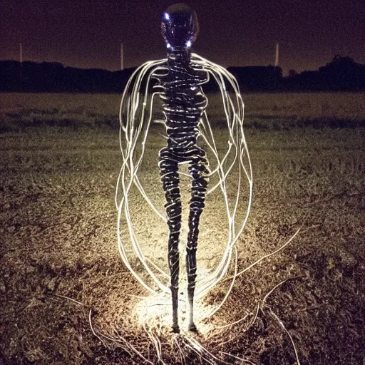 Image similar to “photo of a glowing liquid metal alien figure wrapped in cables and barbed wire standing in the middle of a core field at nighttime, midnight. Flash photo. Cursed image”