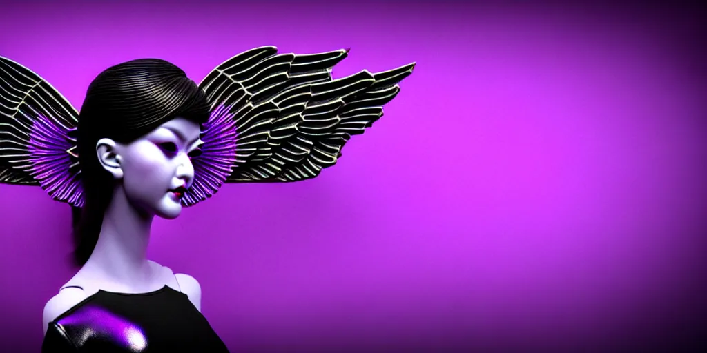 Prompt: a beautiful purple and black 3 d geometrically printed mannequin with angel wings!! in the style of a geisha demon, chrome roses!! dripping black iridescent liquid, winged victory, moody, dramatic, introspective, 4 k, trending on artstation, photorealistic, volumetric lighting, octane render, tarot card with ornate border frame h - 1 0 2 4