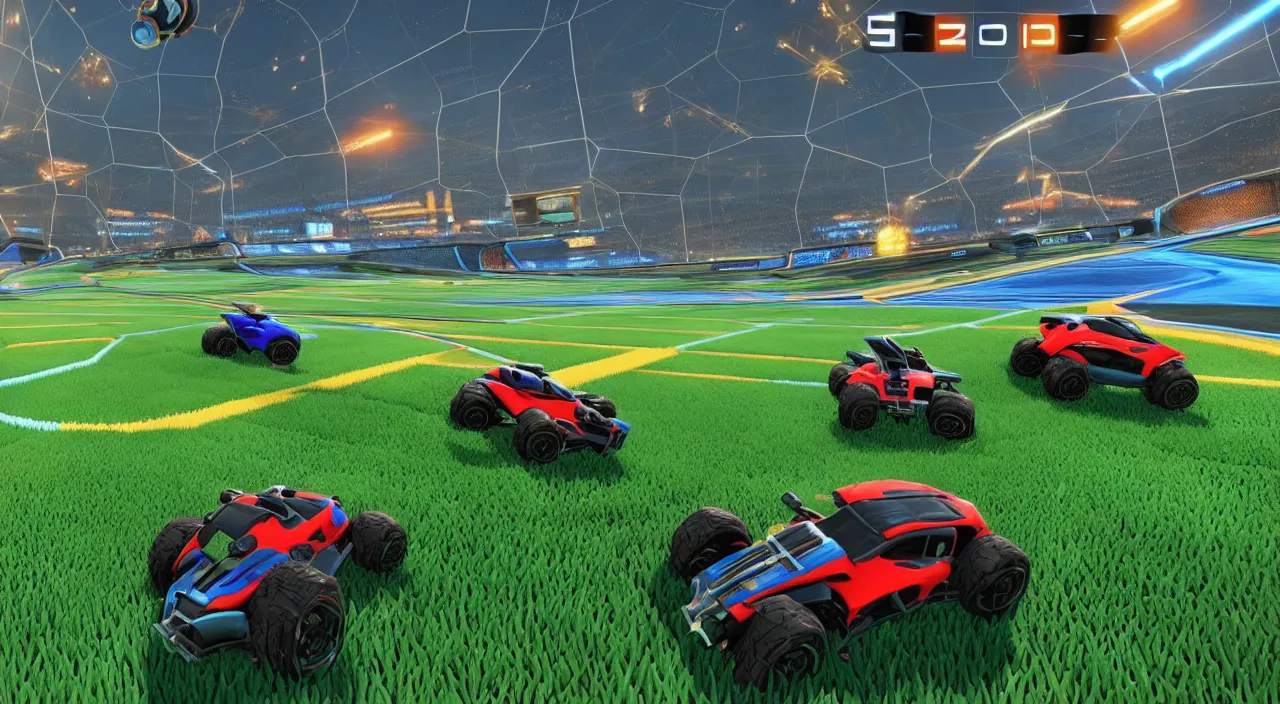 Image similar to a game of rocket league where the main characters from gta v are wandering across the field