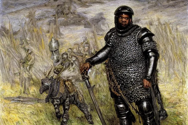 Image similar to portrait of edp445 but hes in chain mail armor by john everett millais