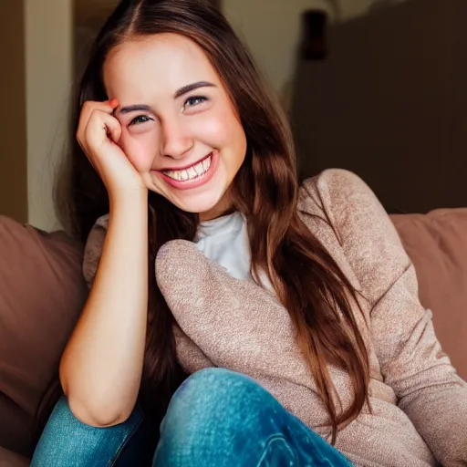 Image similar to a cute young woman smiling, long shiny bronze brown hair, full round face, green eyes, medium skin tone, light cute freckles, smiling softly, wearing casual clothing, relaxing on a modern couch, interior lighting, cozy living room background, medium shot, mid-shot, soft focus