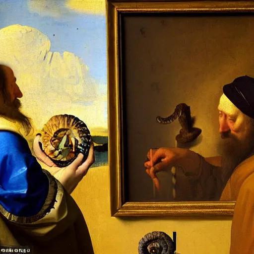 Prompt: Oil painting of an artificial intelligence examining an ammonite fossil in the style of The Astronomer by Johannes Vermeer, 1666, highly detailed