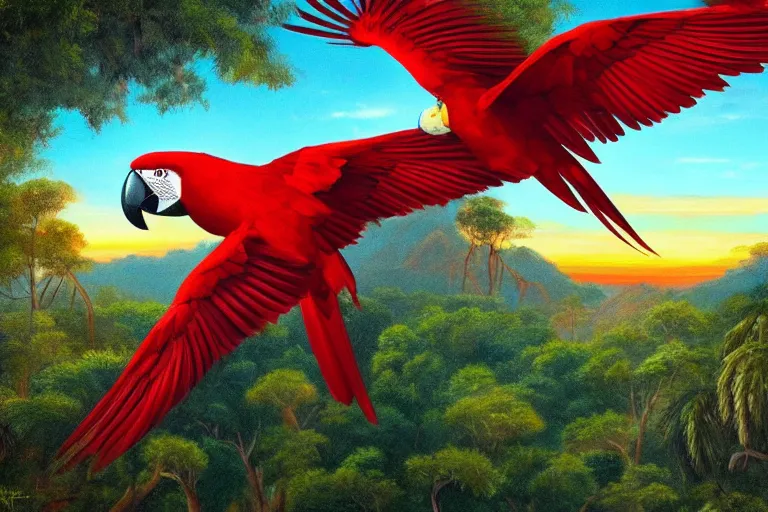 Prompt: gorgeous scarlet macaws flying at beautiful sunset in the distance through the forest, jungle mountains in the background, highly detailed, trending on art station, very detailed birds, viva la vida art by coldplay