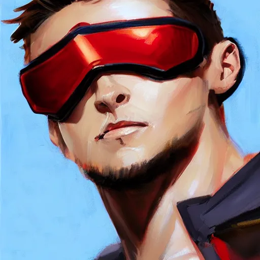 Image similar to greg manchess portrait painting of scott summers aka cyclops as overwatch character, medium shot, asymmetrical, profile picture, organic painting, sunny day, matte painting, bold shapes, hard edges, street art, trending on artstation, by huang guangjian and gil elvgren and sachin teng