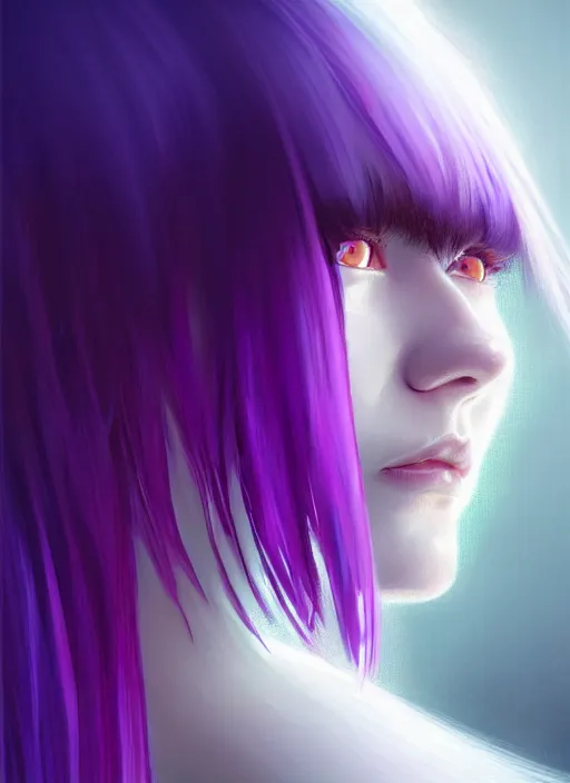 Image similar to hair whitebangs hair, black hair, whitebangs, portrait of teenage girl with white bangs, red irises, purple clothes, white bangs, bangs are different color from hair, intricate, elegant, glowing lights, highly detailed, digital painting, artstation, concept art, smooth, sharp focus, illustration, art by wlop, mars ravelo and greg rutkowski