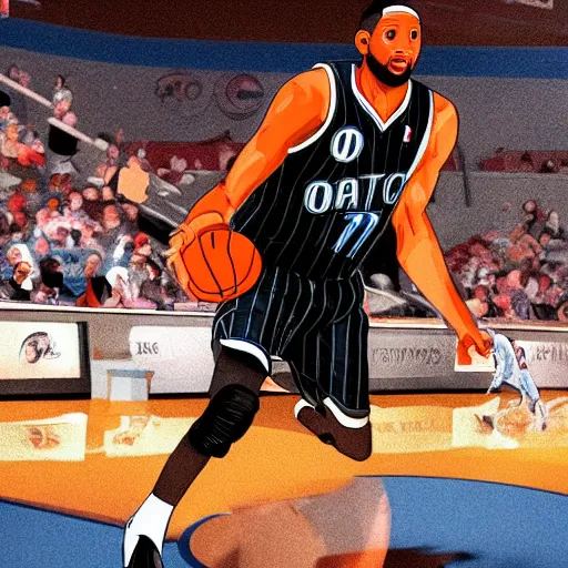 Image similar to a dark fantasy illustration of Tracy McGrady playing basketball for the Orlando Magic