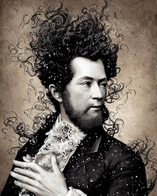 Image similar to a highly detailed portrait of Alexandr Pushkin as a devious male magician radiating a powerful energy aura, ornate back tuxedo, wispy tendrils of smoke, swirling vortex of energy, performance art, intricate, digital painting, old english, raining, sepia, particles floating, whimsical background by marc simonetti, art by artgerm and greg rutkowski and alphonse mucha