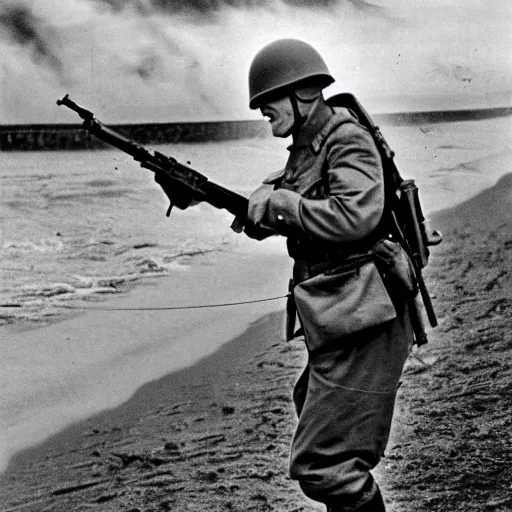 Image similar to Hank Hill storming Omaha Beach, epic, WWII, 1940s photo, cinematic, highly detailed, gritty,