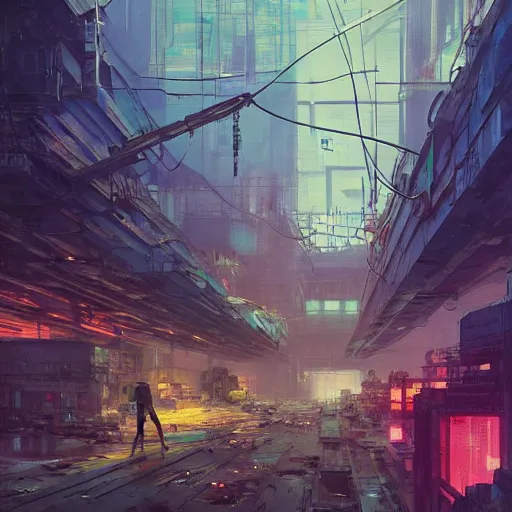 Image similar to concept art of a cyberpunk factory filled with drone workers, grimy, gritty, blade runner 2 0 4 9, trending on artstation, award winning painting, cgi, art by john berkey and anton fadeev and john howe and simon stalenhag