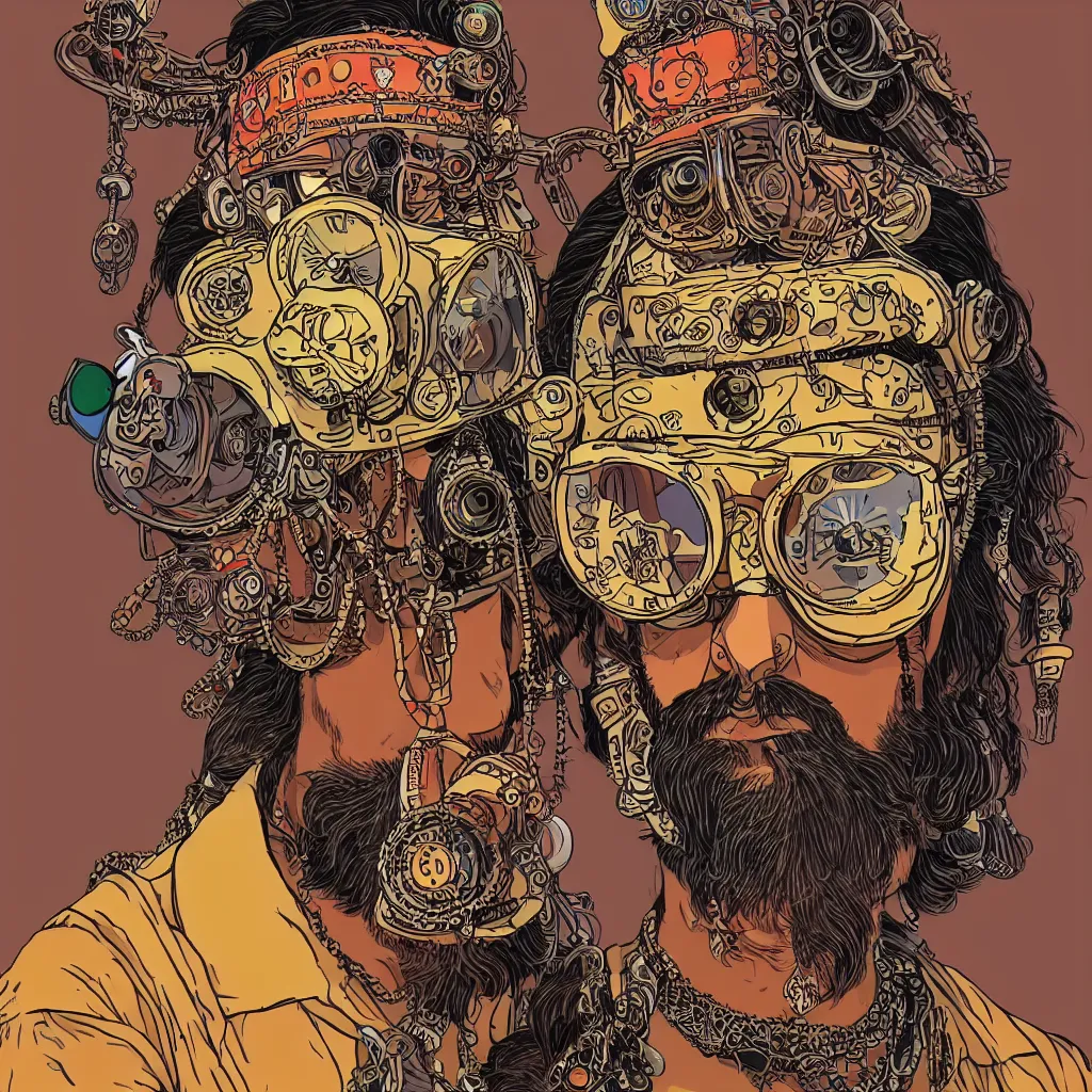 Image similar to face portrait of an indian man with long neon moustache rajasthani pagdi wearing madmax style steampunk goggles and steampunk jewelry, art by butcher billy, sticker, colorful, illustration, highly detailed, simple, smooth and clean vector curves, no jagged lines, vector art, smooth