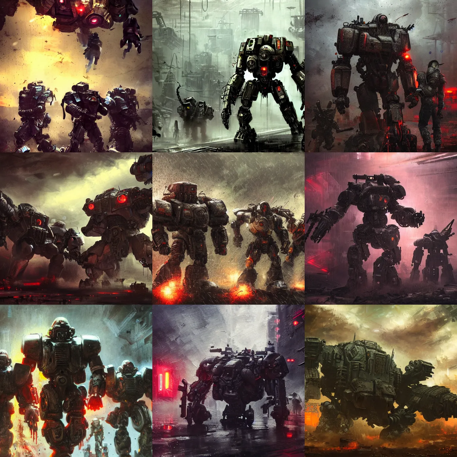 Prompt: old used mech warriors. main character in the focus. epic fight scene from the future. strong personalities and characters. tired, beaten mech bodies. neo noir style, rain, oil, blood everywhere, dramatic high contrast lighting. high action! oil painting. highly detailed futuristic scene. closeup, depth of field.