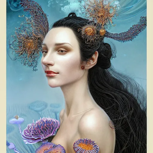 Image similar to facial portrait of a young pretty woman in flowing dress, arrogant, mysterious, long fine flowing hair, delicate, looking at camera, slightly awkward smile, realistic face, hands behind back, stylish, elegant, grimdark fantasy, flowers, extremely detailed painting inspired by Gerald Brom and Ernst Haeckel and Kaluta