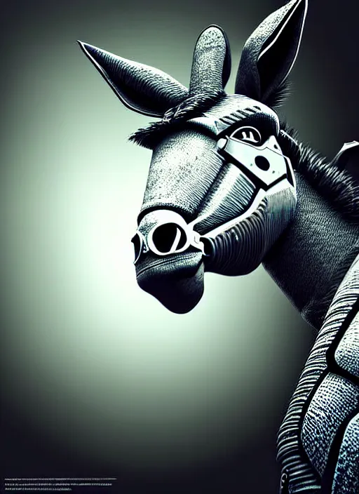 Image similar to intricate hyper detailed ultra sharp portrait of an evil robotic donkey that is heroically looking into the camera, fire background, 2 d digital vector art, highly realistic, highly detailed, medium shot, low angle, dramatic lighting, picture of the year award, deep cyberpunk mechanoid, sharp focus, 4 k, ultra hd,