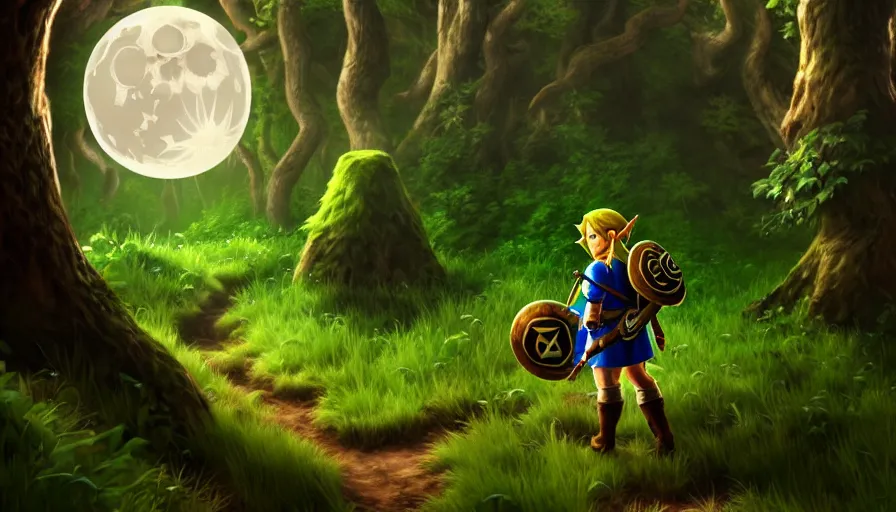 Prompt: the legend of zelda, vines, forest, hyperrealistic, highly detailed, cinematic, single ray of moon, beautiful, cgssociety, artstation, 8 k, oil painting