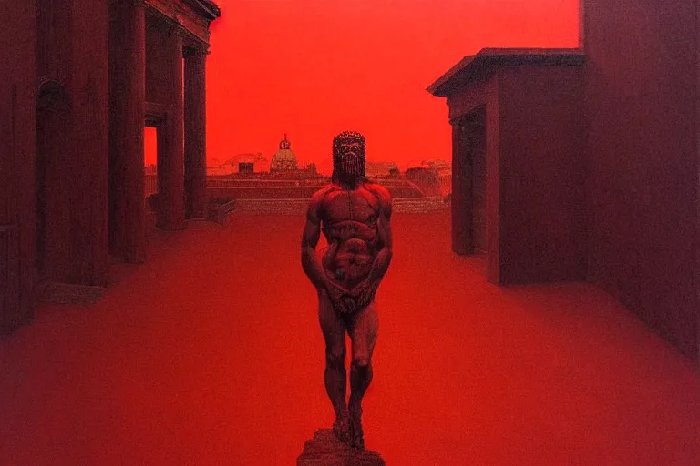 Image similar to only with red, caesar after war, a red tiger, in hoc signo vinces, rome in background, an ancient path, in the style of beksinski, part by hopper, part by rodcenko, part by hofbauer, intricate composition, red by caravaggio, insanely quality, highly detailed, masterpiece, red light, artstation