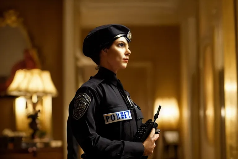 Prompt: cinematography closeup of a beautiful woman cop talking to her shoulder radio in an decadent mansion foyer by Emmanuel Lubezki