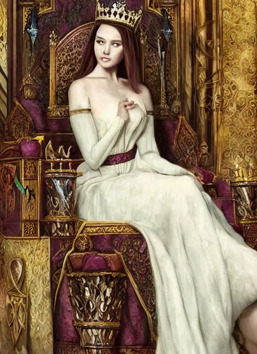 Prompt: realistic master painting of beautiful shot of Royal medieval fantasy Queen sitting on throne