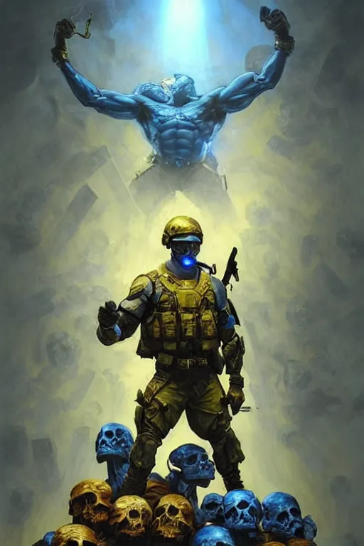 Prompt: special forces soldier with ukrainian blue yellow flag standing on a pile of skulls as a winner, masculine figure, d & d, fantasy, bright atmosphere, volumetric lights, intricate, elegant, extremely detailed, digital painting, artstation, concept art, matte, smooth, sharp focus, hyper realistic, illustration, art by artgerm and greg rutkowski and alphonse mucha