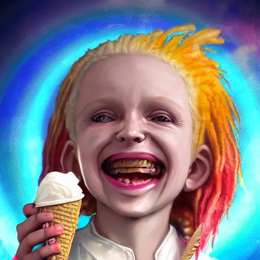 Prompt: An epic fantasy comic book style portrait painting of an adorable little albino girl with blonde dreads eating ice cream, smiling, sitting on top of a rainbow, atmospheric fantasy setting, unreal 5, DAZ, hyperrealistic, octane render, RPG portrait, ambient light, dynamic lighting