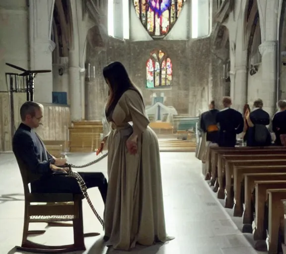 Image similar to a movie still of kim kardashian as a handcuffed prisoner with a chain around her neck bonded to a steel chair on the alter of a church