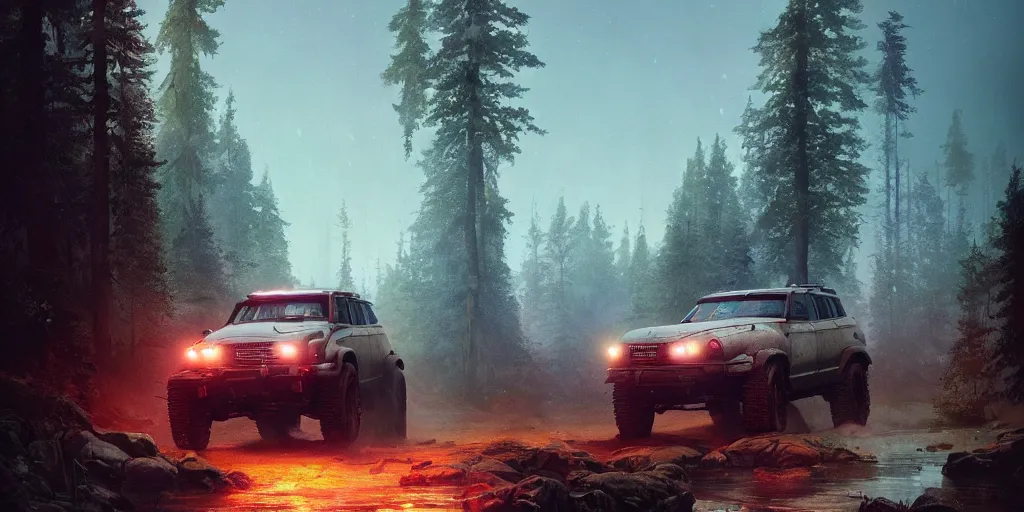 Image similar to a beautiful concept offroad suv, an epic fantasy, dramatic lighting, cinematic, establishing shot, extremely high detail, photorealistic, cinematic lighting, artstation, by simon stalenhag, midsommar