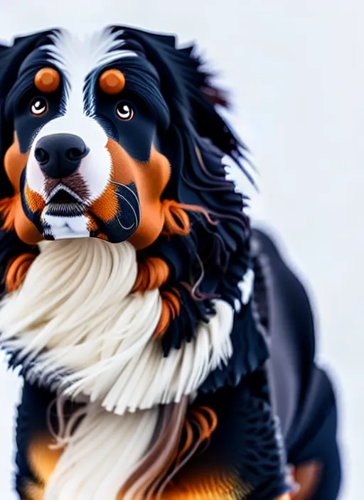 Prompt: photo of a bernese mountain dog wearing a lab coat, highly detailed, sharp focus, octane render