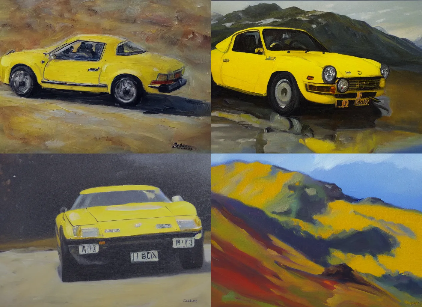 Image similar to an oil painting of a yellow alpine, zoomed out A110