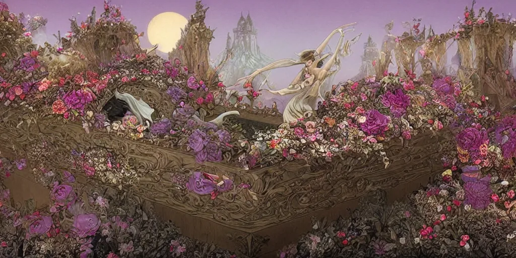 Prompt: an elaborate floating coffin adorned with flowers, evening, fantasy, regal, intricate, detailed matte painting by moebius