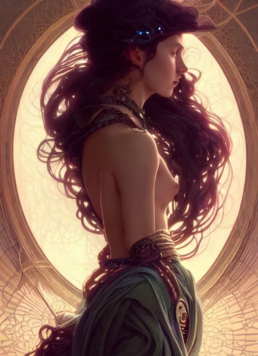 Image similar to a beautiful cinematic female druid goddess, galatic shamen with Quantum energy fantasy, fantasy magic, undercut hairstyle, dark light night, intricate, elegant, sharp focus, illustration, highly detailed, digital painting, concept art, matte, art by WLOP and Artgerm and Greg Rutkowski and Alphonse Mucha, masterpiece