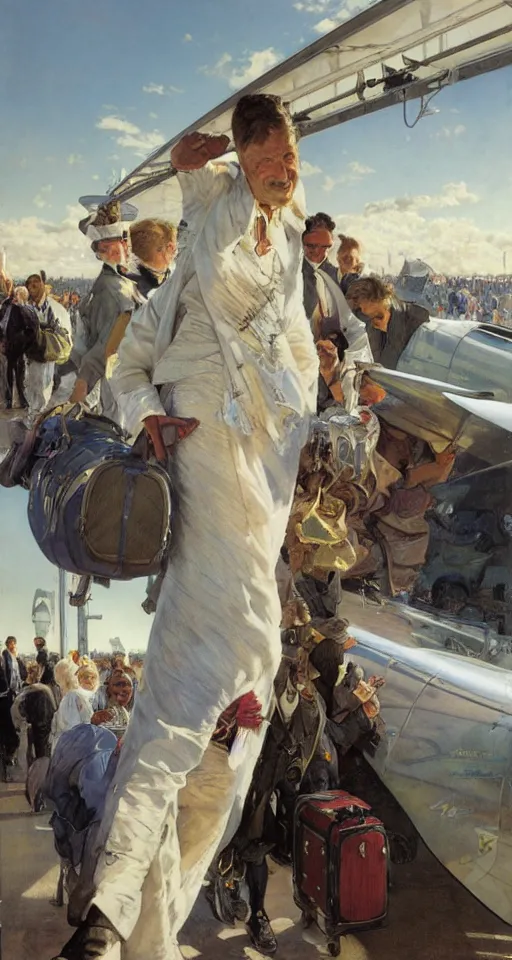 Image similar to Doctor disembarking from a plane at Heathrow terminal, sun shining, photo realistic illustration by greg rutkowski, thomas kindkade, alphonse mucha, loish, norman rockwell.