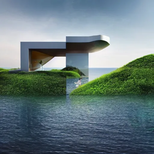 Image similar to surreal architecture concept, sea, villa, people, beach, artistic, ecology, green.