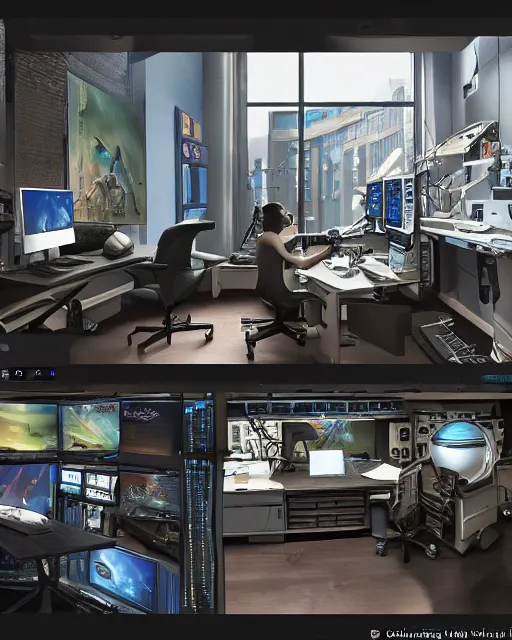 Image similar to scifi scene of a complex computer workstation in a small studio apartment room, many monitors, many electronics, very detailed, maximalism, unreal engine, hyper realism, realistic shading, cinematic composition, realistic render, octane render, detailed textures, photorealistic, by doug chiang, wide shot