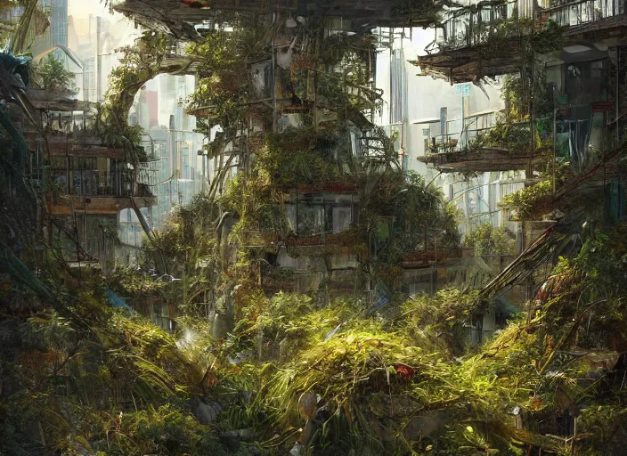 Image similar to overgrown foliage overtaking tall destroyed buildings, biopunk, scenery, professional, award - winning, trending on artstation, detailed, realistic, beautiful, emotional, shiny, golden, picture