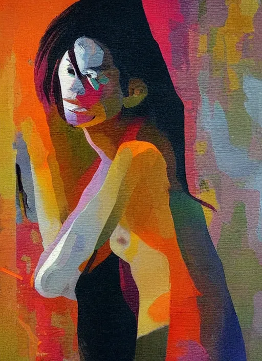 Image similar to a beautiful glitched painting by christian hook and alex kanevsky of a woman in a bathroom, still life, warm colors