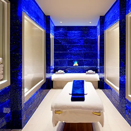 Prompt: luxury spa with lapis lazuli walls