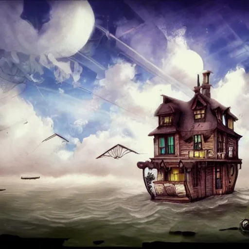 Image similar to A Steampunk house floating next to wispy clouds in the sky. Trending on art station.