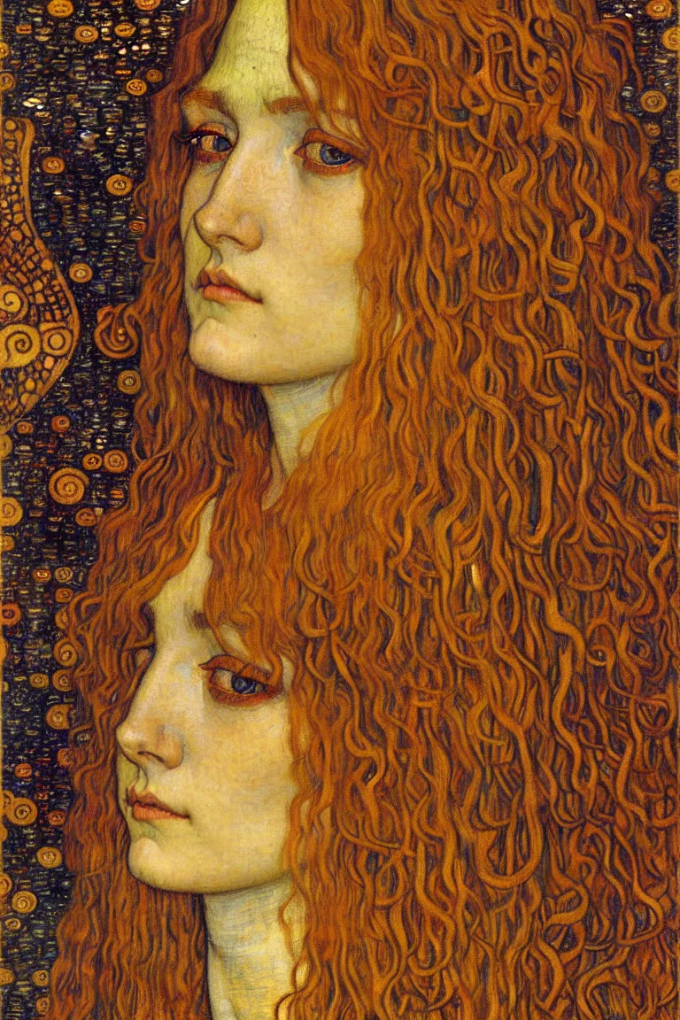 Image similar to detailed realistic beautiful young medieval queen face portrait by jean delville, gustav klimt and vincent van gogh, art nouveau, symbolist, visionary, gothic, pre - raphaelite, muted earthy colors, desaturated